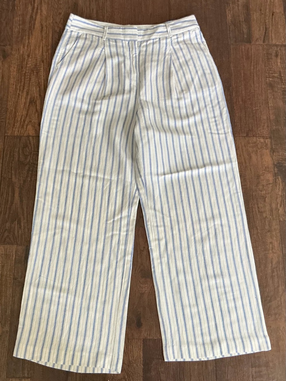 LOFT Women’s 10P Linen Blend Striped Wide Leg Pants Blue White NWT